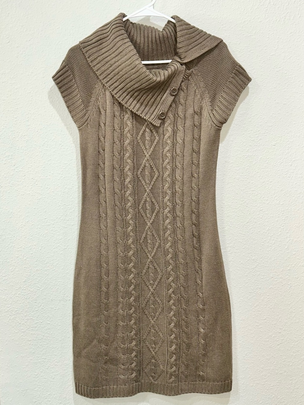 Marvin Richards Taupe Cable-Knit Cowl Neck Sweater Dress
